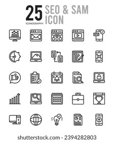 25 SEO And SAM icons Pack vector illustration.