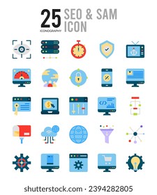 25 iconos SEO Y SAM Empaquetar ilustración vectorial.