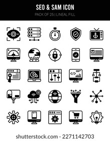 25 SEO And SAM Lineal Fill icons Pack vector illustration.