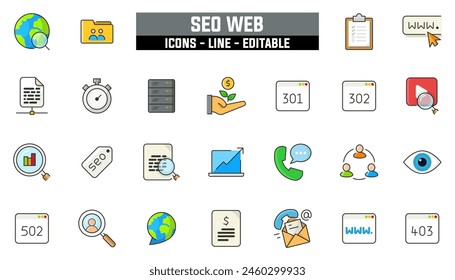 Conjunto de 25 iconos seo-web, línea de Vector, trazo editable.