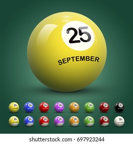 25 September. Billiard ball calendar day. Different color billiard balls isolated on green background vector illustration.