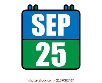 25 September calendar. Blue and green calendar page for September days. Vector isolated on white background.