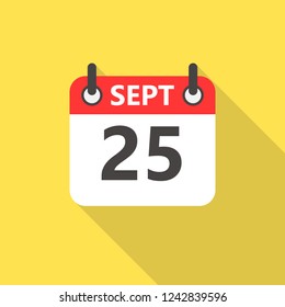 25 september calendar flat style icon with long shadow.