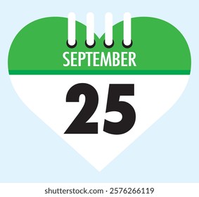 25 September calendar icon green heart shape on light sky blue color background, calendar vector symbol for the month of September.