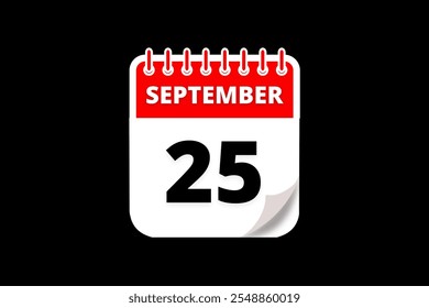 25 September calendar icon text page monthly web design on red, white and black background vector, icon, or illustration with the month of September 25