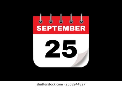 25 September calendar icon text page monthly web design on red, white and black background vector, icon, or illustration with the month of September 25