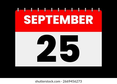 25 setembro mês vetor dia único, ilustração, calendário com vermelho, off-white e preto cor de fundo ícone do calendário de 25 de setembro