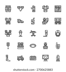 25 Satz von Umrissen Web American Football Icons wie Jockstrap, Schulterpolster, Team, Marke, Gaiter Vektor dünne Icons für Bericht, Präsentation, Diagramm, Web-Design, mobile App