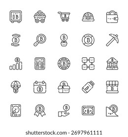 25 conjunto de ícones de bitcoin web esboço, como mineração, bitcoin, bitcoin, disco rígido vetor ícones finos para relatório, apresentação, diagrama, web design, aplicativo móvel