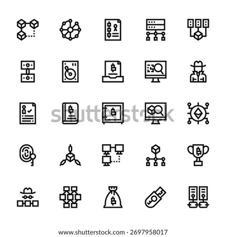 25 set of outline web blockchain icons such as network, money, digital, biometric, anonymous vector thin icons for report, presentation, diagram, web design, mobile app