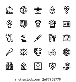 25 conjunto de esboços de ícones de doação de sangue na web, como eritrócitos, espaço reservado, estetoscópio, edema, análise de ícones finos vetoriais para relatório, apresentação, diagrama, web design, aplicativo móvel