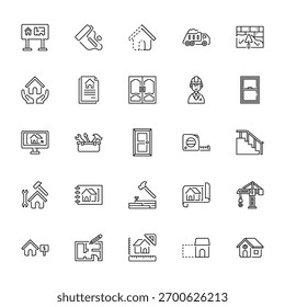 25 set of outline web build a house icons such as paint roller, home insurance, house de, renovation, house vector thin icons for report, presentation, diagram, web design, mobile app