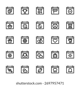25 conjunto de iconos de Web de esquema y fecha como calendario, calendario, Vector delgado iconos para el informe, presentación, diagrama, Diseño web, App móvil
