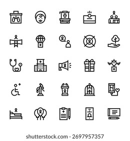 25 set of outline web charity icons such as orphan, certificate, stethoscope, wheelchair, bed vector thin icons for report, presentation, diagram, web design, mobile app