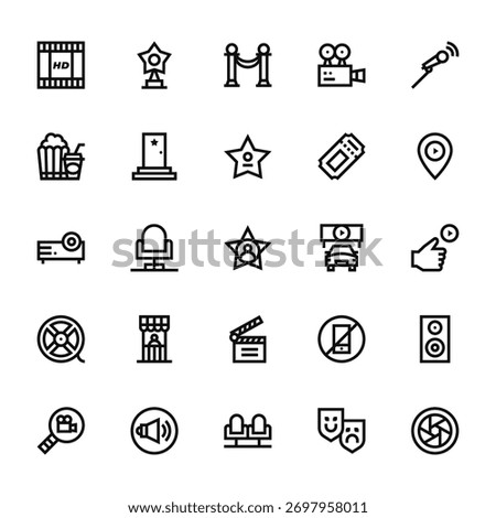 25 set of outline web cinema icons such as award, popcorn, projector, film reel, search vector thin icons for report, presentation, diagram, web design, mobile app