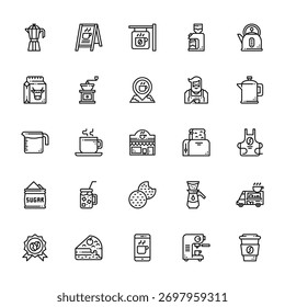 25 Satz von Umriss Web-Kaffee-Shop-Symbole wie , Milch, Messgerät, Zucker, Garantie Vektor dünne Symbole für Bericht, Präsentation, Diagramm, Web-Design, mobile App