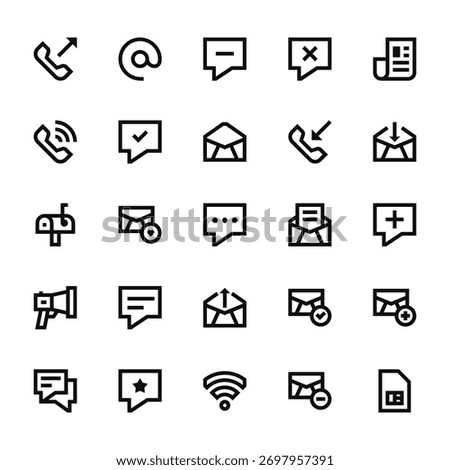 25 set of outline web communication icons such as arroba, phone call, mailbox, megaphone, conversation vector thin icons for report, presentation, diagram, web design, mobile app