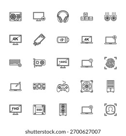 25 set of outline web computer interface icons such as monitor, monitor, keyboard, laptop, monitor vector thin icons for report, presentation, diagram, web design, mobile app