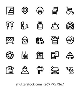 25 set of outline web emergencies icons such as emergency, crutches, barricade, lifebuoy, hospital vector thin icons for report, presentation, diagram, web design, mobile app