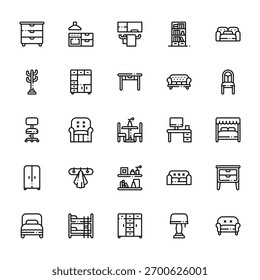 25 set of outline web furnitures icons such as kitchen, coat stand, desk chair, wardrobe, single bed vector thin icons for report, presentation, diagram, web design, mobile app