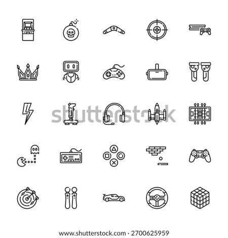 25 set of outline web gaming icons such as bomb, crown, flash,  , darts vector thin icons for report, presentation, diagram, web design, mobile app