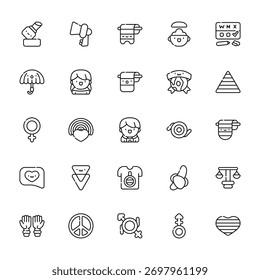 25 set of outline web gender identity icons such as megaphone, pride, woman, discussion, fraternity vector thin icons for report, presentation, diagram, web design, mobile app