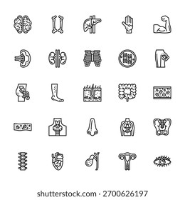25 set of outline web human organ icons such as bone, spleen,  , cells, spinal column vector thin icons for report, presentation, diagram, web design, mobile app