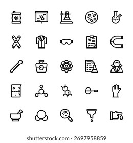 25 conjunto de iconos de laboratorio de Web de contorno como fórmula, cromosoma, cuentagotas, vaso de precipitados, Vector de mortero iconos delgados para informe, presentación, diagrama, Diseño web, App móvil