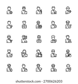 25 conjunto de esboço web man trabalhador avatar ícones, tais como courier, farista, jardineiro, terapeuta, bioquímico vetor ícones finos para relatório, apresentação, diagrama, web design, aplicativo móvel