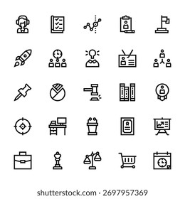 25 set of outline web management icons such as checklist, rocket, pin, target, suitcase vector thin icons for report, presentation, diagram, web design, mobile app