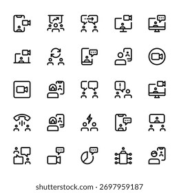 25 conjunto de ícones de reunião da web de esboço como discussão, vídeocall, câmera, chamada, bate-papo vetor ícones finos para relatório, apresentação, diagrama, web design, aplicativo móvel