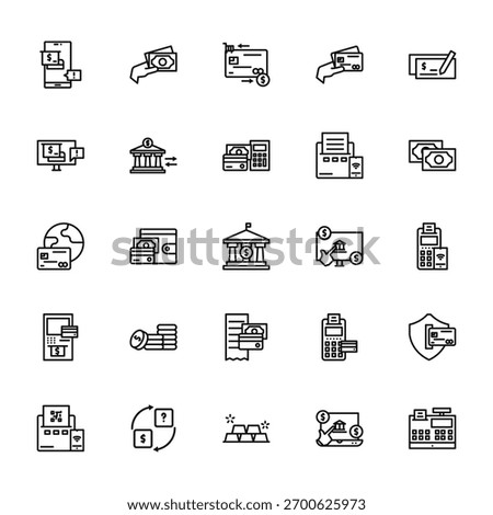 25 set of outline web payment and bank icons such as cash, online payment, payment method, atm, mini printer vector thin icons for report, presentation, diagram, web design, mobile app