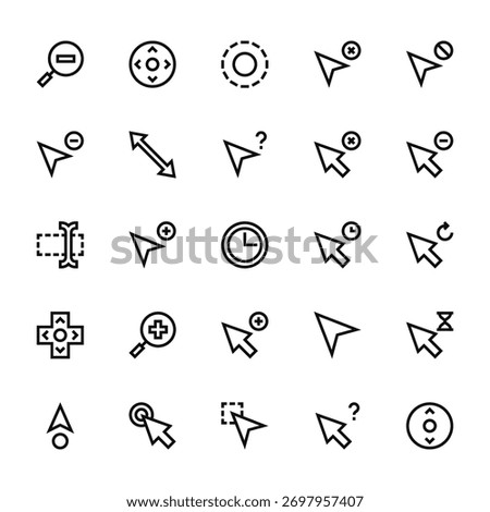 25 set of outline web selection and cursors icons such as cursor, cursor, cursor, vector thin icons for report, presentation, diagram, web design, mobile app
