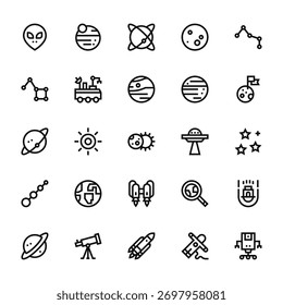 25 conjunto de delinear ícones do espaço web como planetas, grande mergulhador, planeta, alinhado, saturno vetor ícones finos para relatório, apresentação, diagrama, web design, aplicativo móvel