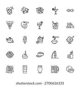 25 conjunto de iconos de la comida y de la bebida del verano del Web del contorno tales como arroz, pizza, bayas, paella del marisco, iconos finos del Vector de la pizza para el informe, presentación, diagrama, Diseño web, App móvil