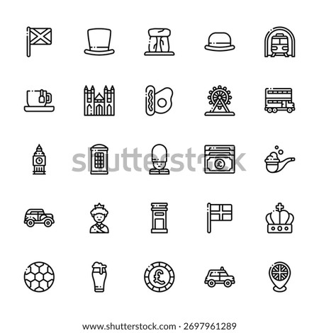 25 set of outline web united kingdom icons such as top hat, tea, big ben, car, soccer vector thin icons for report, presentation, diagram, web design, mobile app