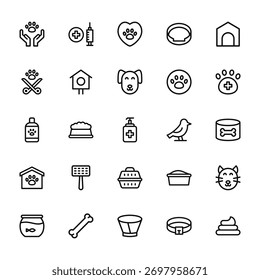 25 set of outline web veterinary icons such as vaccine, sterilization, pet shampoo, animal shelter, fishbowl vector thin icons for report, presentation, diagram, web design, mobile app