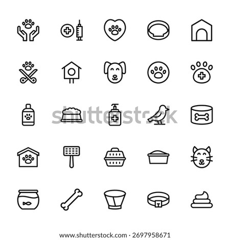 25 set of outline web veterinary icons such as vaccine, sterilization, pet shampoo, animal shelter, fishbowl vector thin icons for report, presentation, diagram, web design, mobile app
