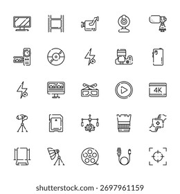 25 conjunto de ícones de câmera de vídeo da web de contorno como filme, câmera de vídeo, flash off, holofote, ícones finos de vetor de croma para relatório, apresentação, diagrama, web design, aplicativo móvel