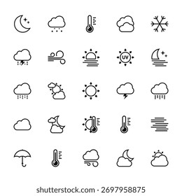 25 set of outline web weather icons such as snow, storm, rain, cloud, umbrella vector thin icons for report, presentation, diagram, web design, mobile app