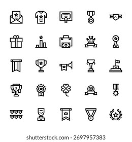 25 set of outline web winning icons such as t shirt, gift, banner, cup, garlands vector thin icons for report, presentation, diagram, web design, mobile app