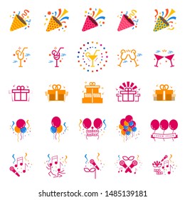 25 Set of Party Related Vector flat Icons isolated on white background. Contains such Icons as Popper, Ballons, Gift, Drink, Music. Suitable for Birthday Party Event. 