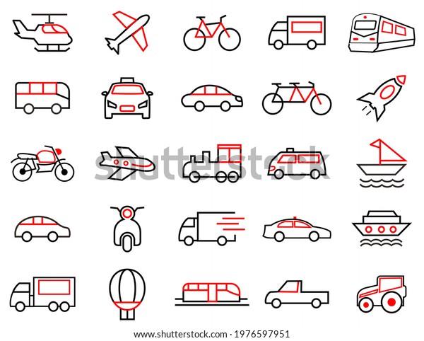 25 set Transport icons, symbol transport\
illustration. car, train, boat, truck, vehicle, plane,\
ballon.\
editable file. vector. line\
icon
