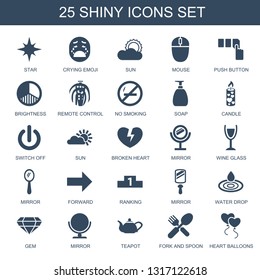 25 shiny icons. Trendy shiny icons white background. Included filled icons such as star, crying emoji, sun, mouse, push button, brightness, remote control. shiny icon for web and mobile.