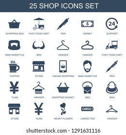 25 shop icons. Trendy shop icons white background. Included filled icons such as shopping bag, fast food cart, pen, Money, support, man hairstyle. shop icon for web and mobile.