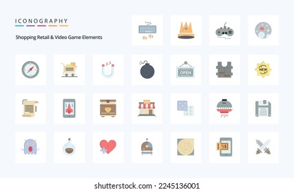 25 Shoping Retail And Video Game Elements Flat color icon pack