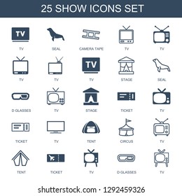 25 show icons. Trendy show icons white background. Included filled and outline icons such as TV, seal, camera tape, stage, d glasses, ticket, tent. show icon for web and mobile.