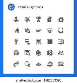 25 sign filled icons set isolated on . Icons set with octopus, Hairdressing salon, reward, Garden services, Marketing research, oyster, Lead conversion, Video games, Online coaching icons.