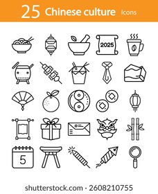 25 Simple Line Art Icons Representing Chinese Culture