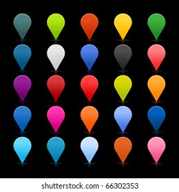 25 simple mapping pins icon web 2.0 buttons. Colorful satin rounded shapes with reflection on black